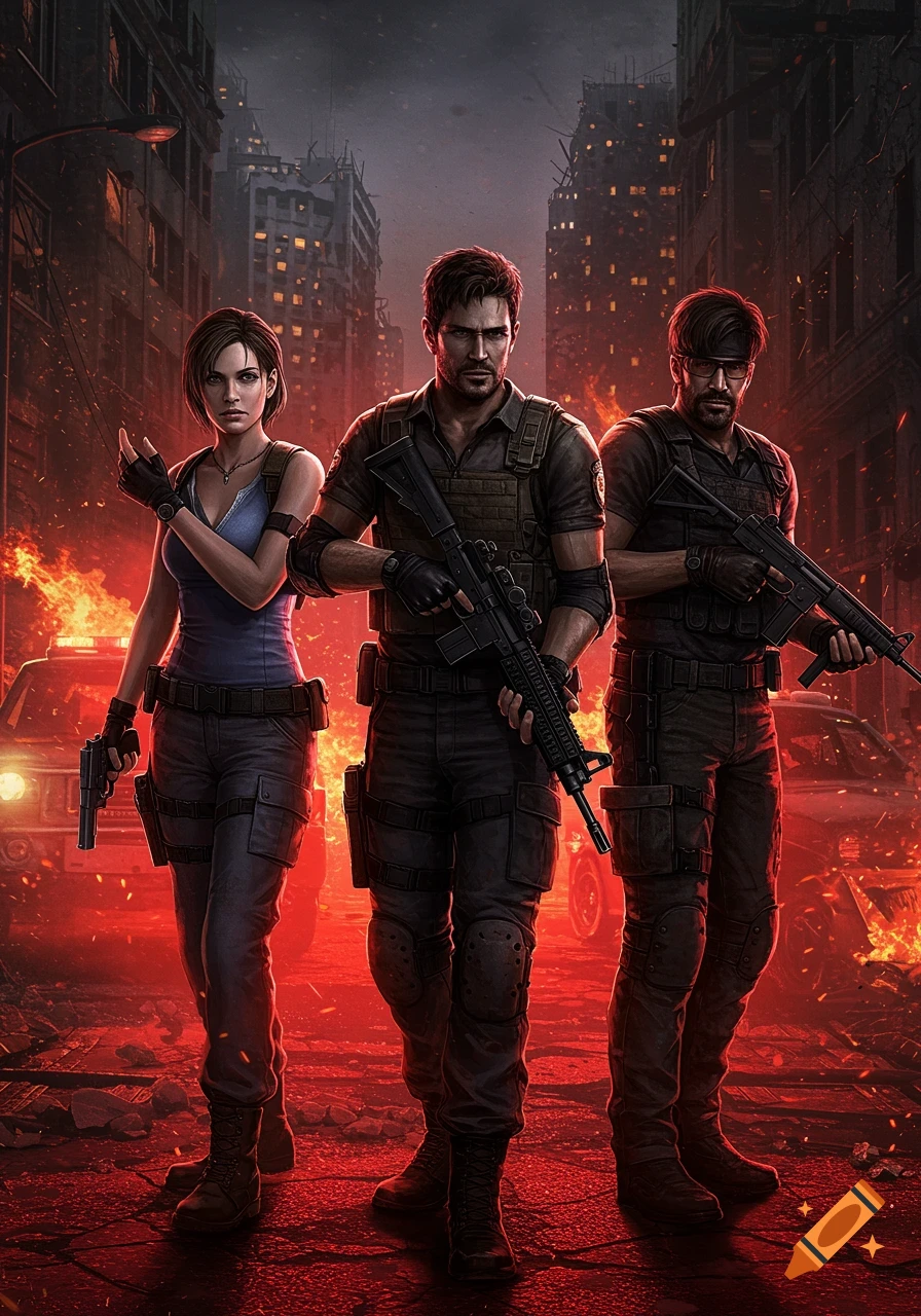 Three armed characters, two men and one woman, stand in a burning, ruined city at night.