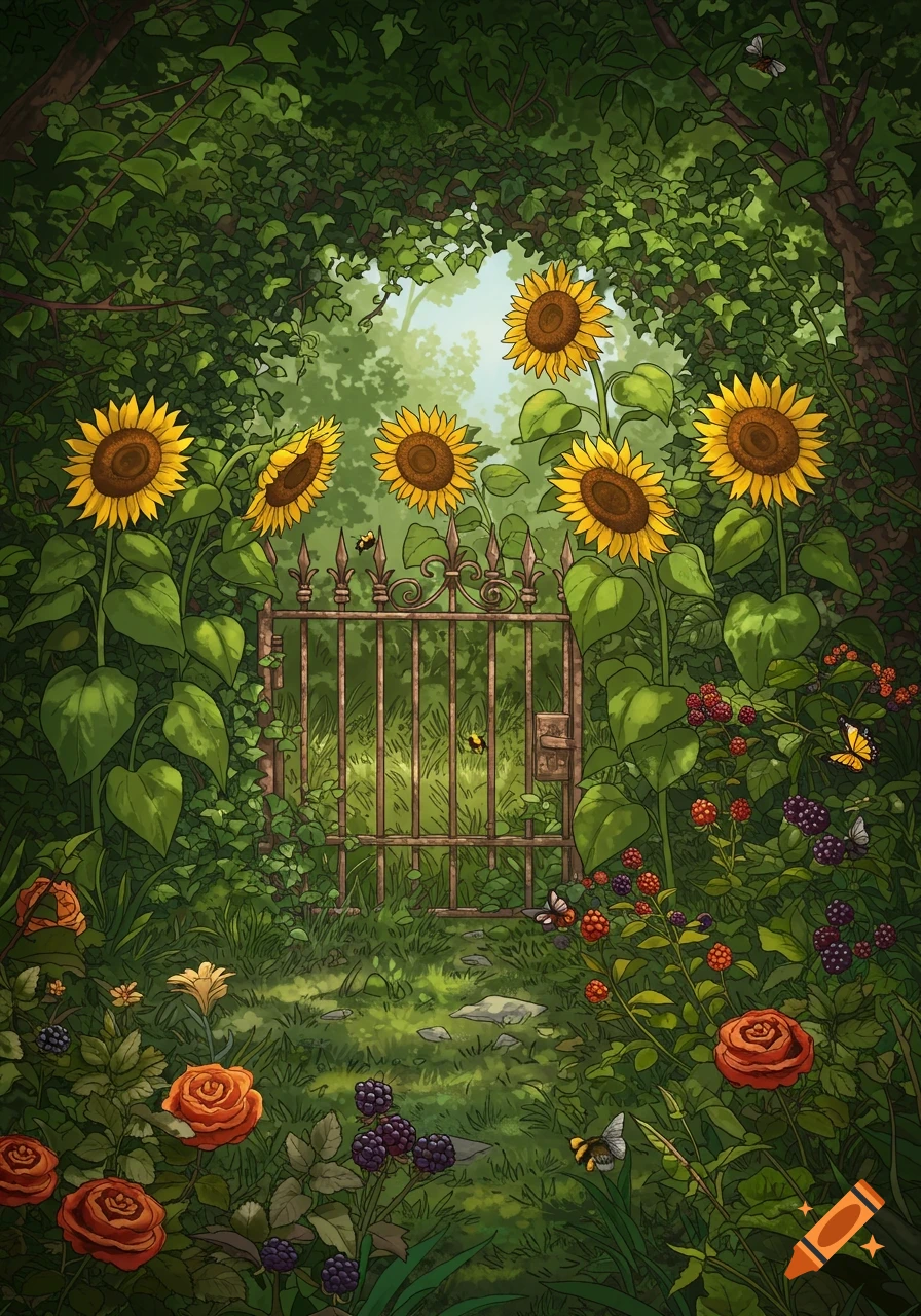 A detailed illustration of an overgrown garden gate framed by tall sunflowers and lush green foliage with berries and roses.