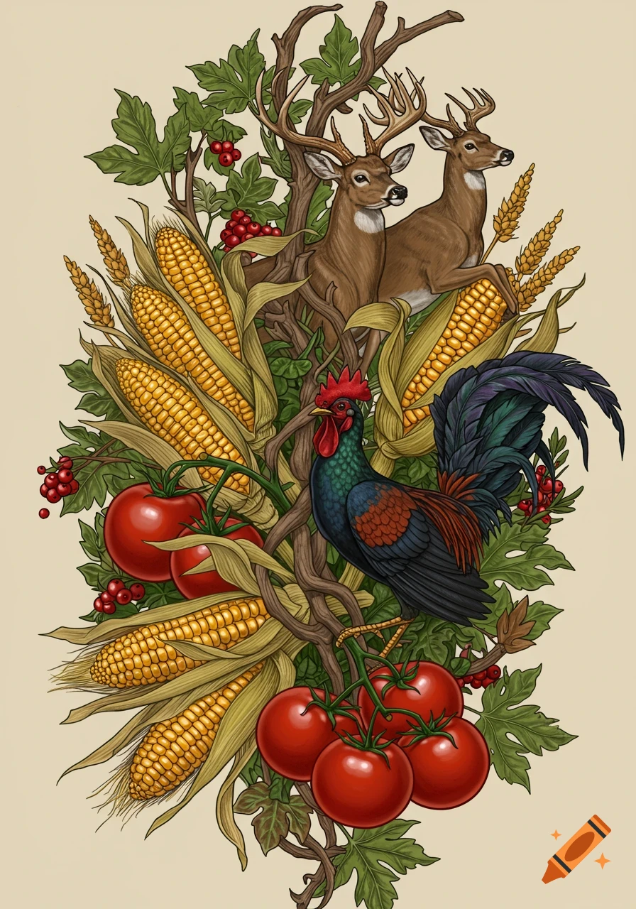 A decorative illustration resembling a tattoo design, featuring two deer, a rooster, corn cobs, tomatoes, berries, and branches on a light background.