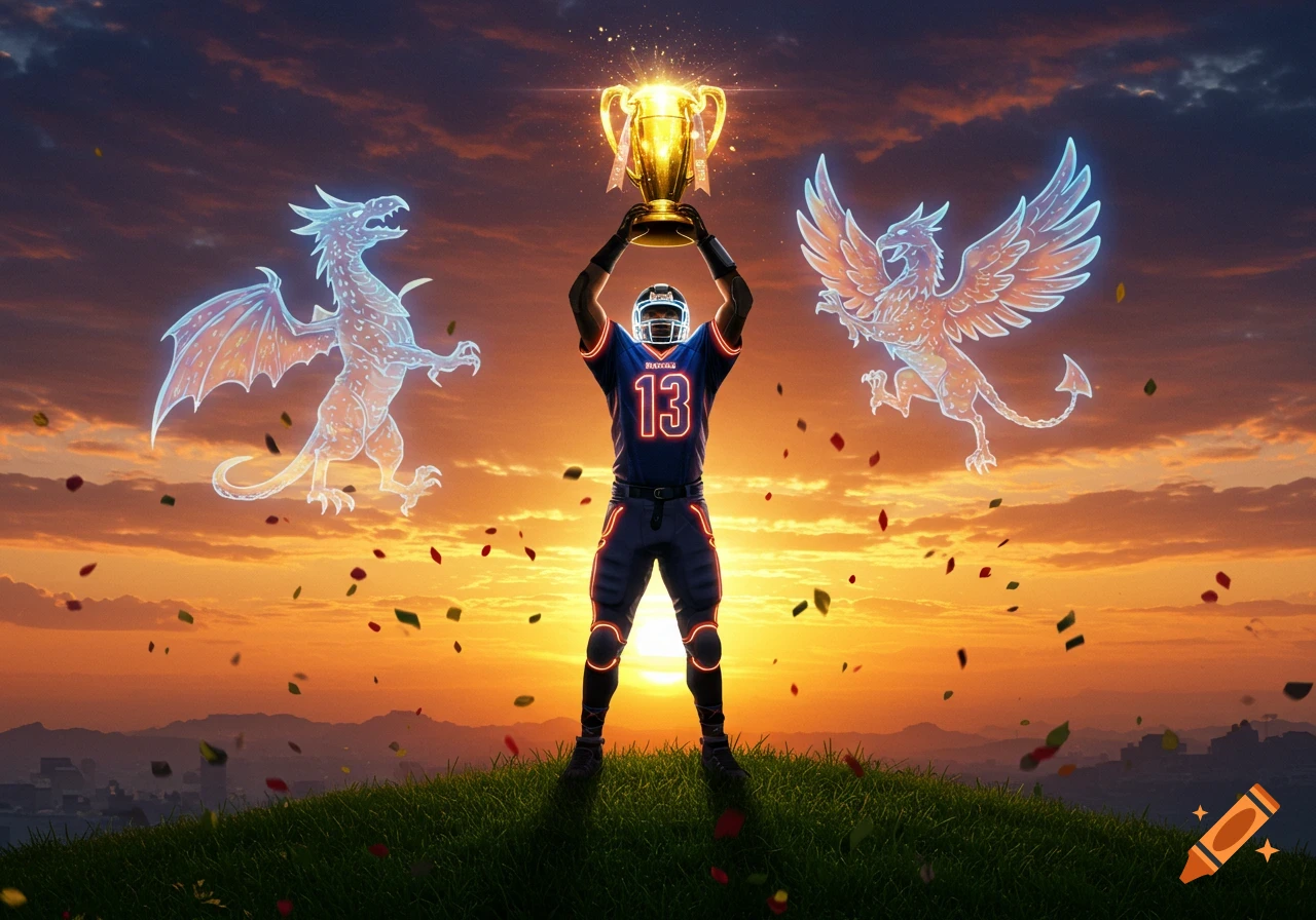 A football player holds a glowing gold trophy aloft on a grassy hill at sunset, flanked by glowing fantasy creatures.