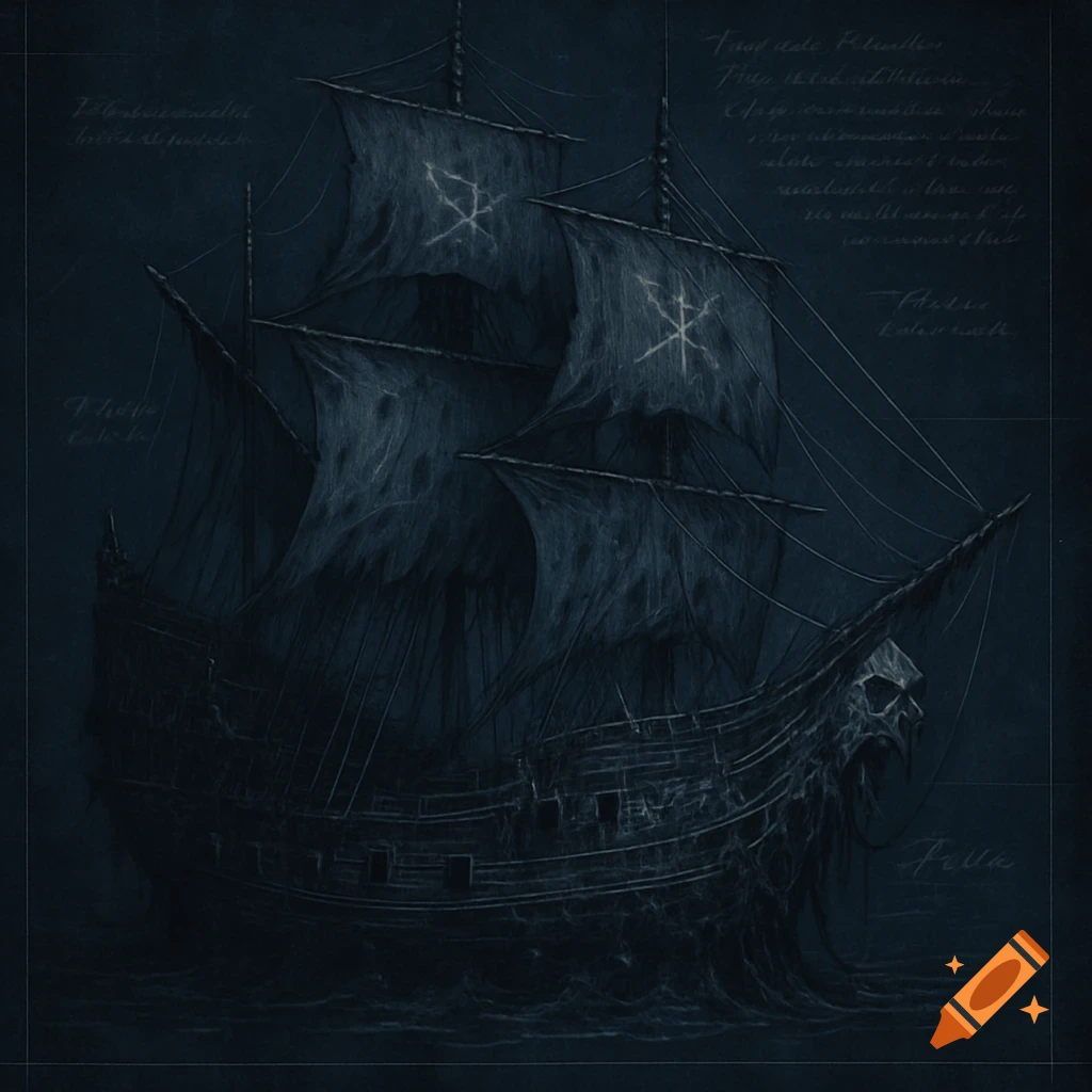 A dark, ominous blueprint drawing of a ghostly pirate ship with tattered sails and a skull figurehead.