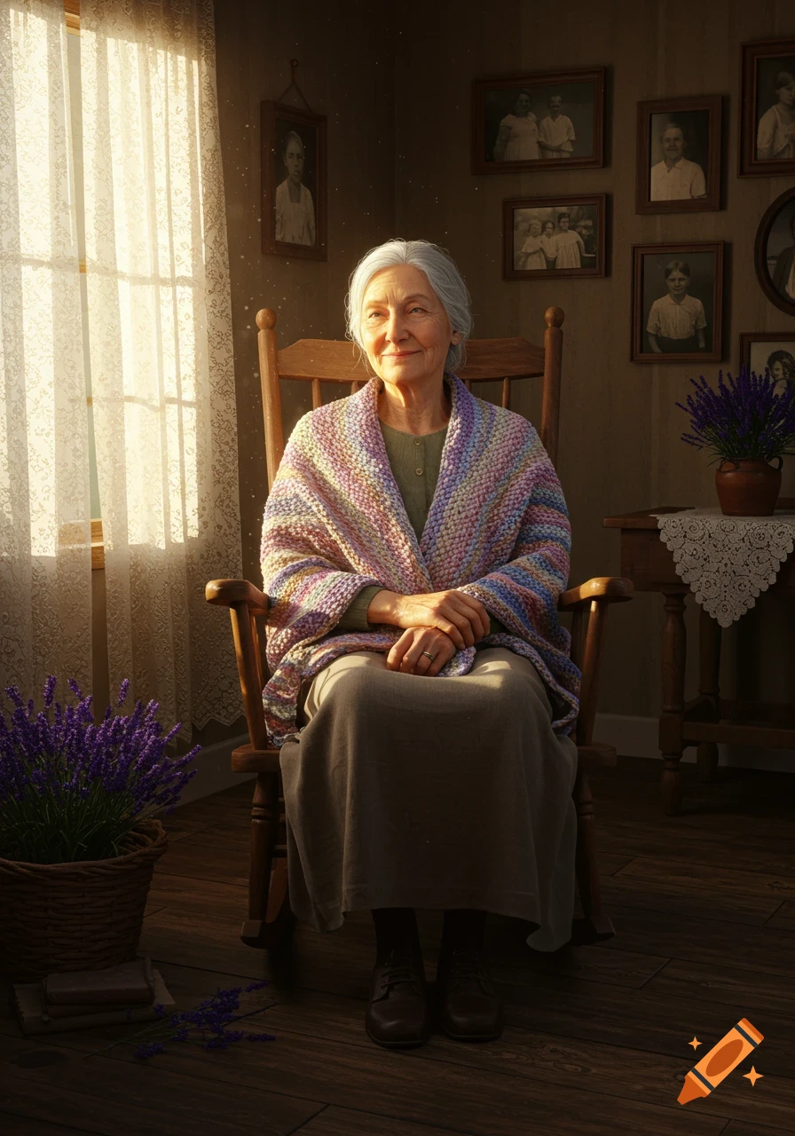 Elderly woman with white hair in a colorful knitted shawl sits in a wooden rocking chair in a sunlit room with framed photos and lavender.