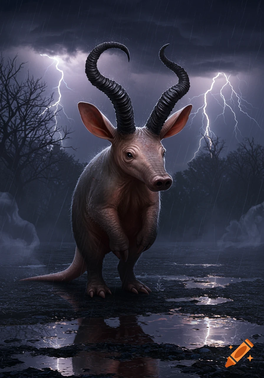 Photorealistic digital painting of an aardvark-like creature with spiraling black horns standing in rain with lightning in a stormy sky.