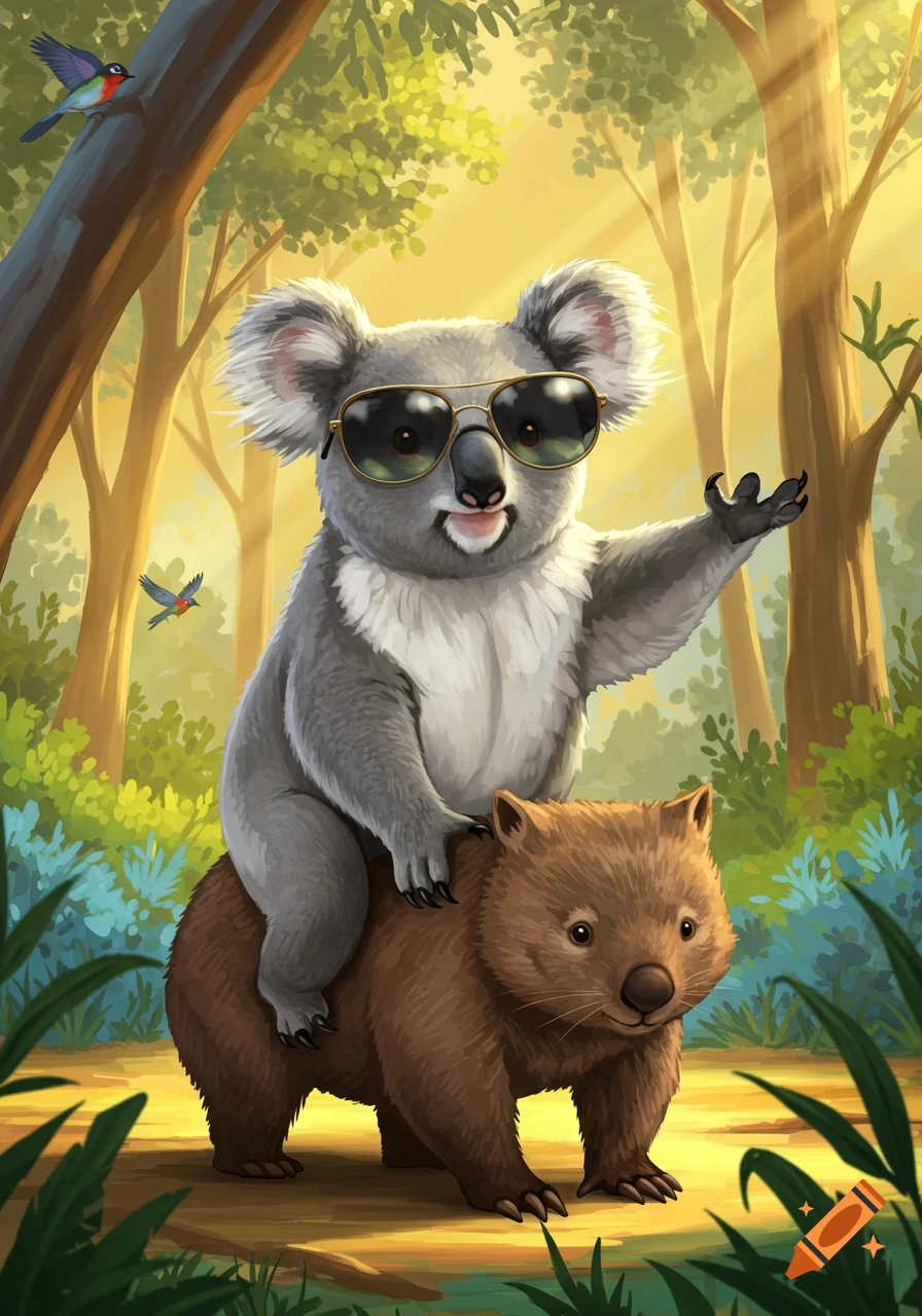 A cartoon illustration shows a koala wearing sunglasses riding on the back of a wombat in a sunny forest, with birds flying nearby.