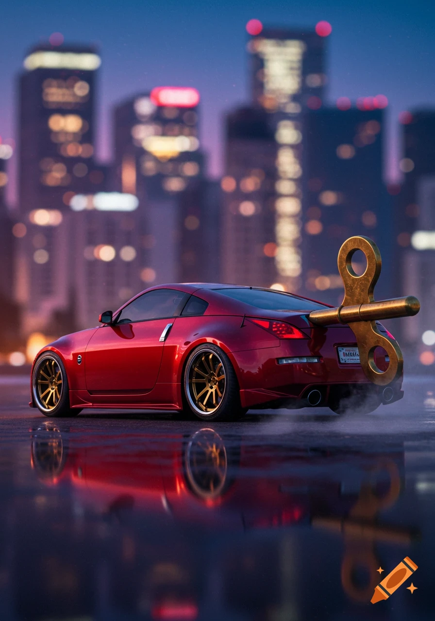 A red Nissan 350z with a large golden wind-up key attached to its rear, parked on a wet street with a blurred city skyline at dusk.