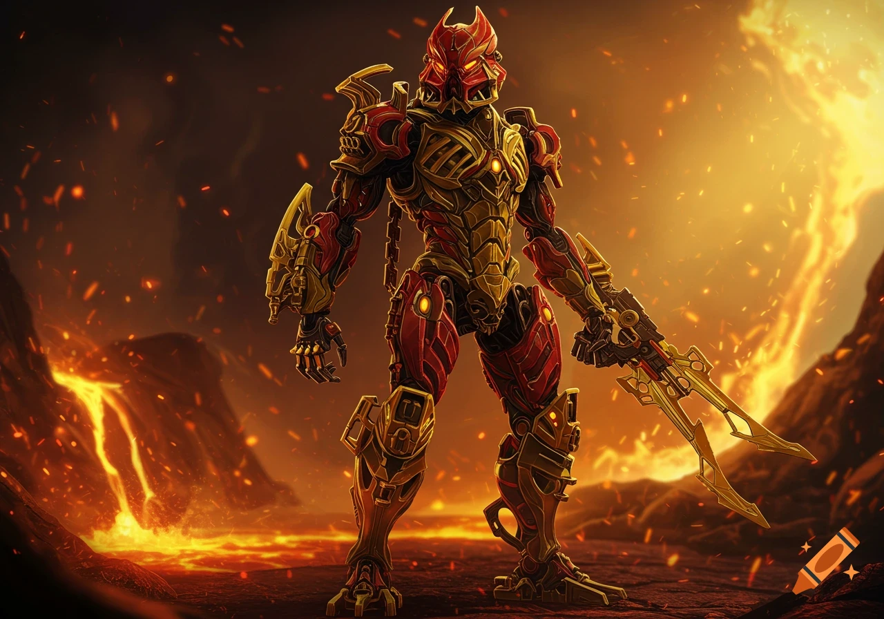 A red and gold armored robot stands in a fiery, volcanic landscape holding a weapon, resembling a Bionicle character.