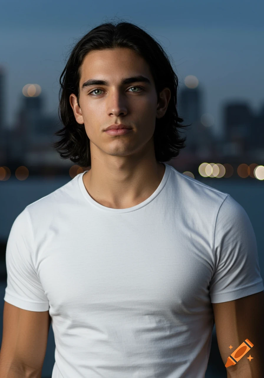 A handsome young man with long black hair and piercing green eyes, wearing a white t-shirt, stands against a blurry city skyline at dusk.