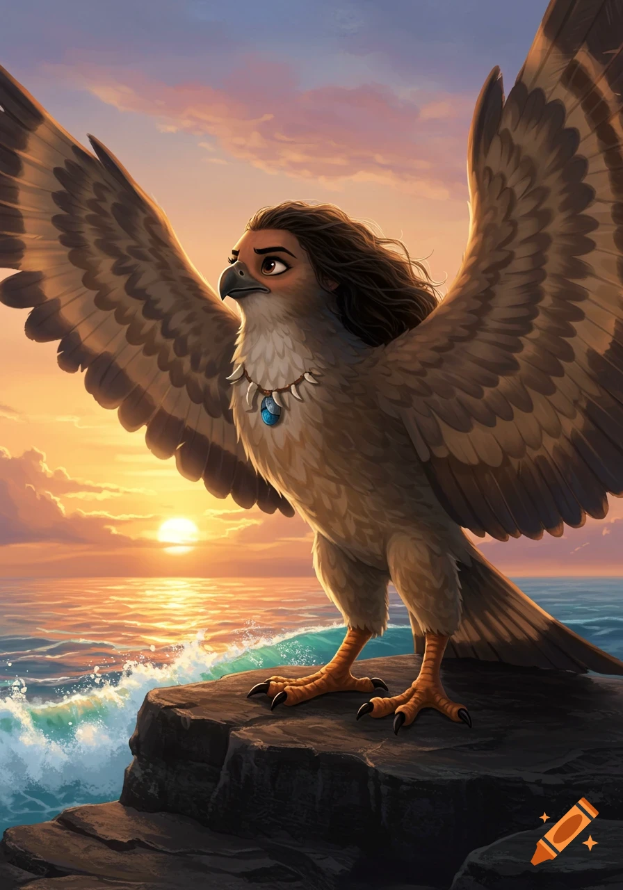 A fantasy illustration of Moana as a hawk with long hair and a necklace, standing on a cliff overlooking the ocean at sunset.