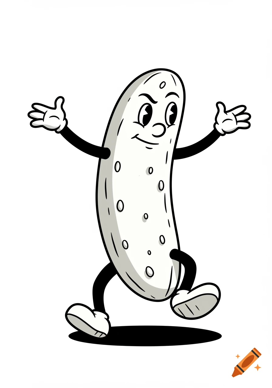 Black and white vintage cartoon character of a pickle with arms, legs, and a smiling face, against a white background.