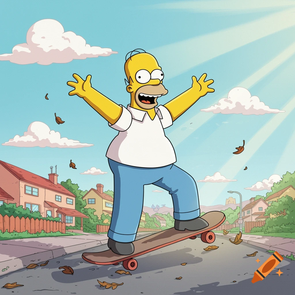 Homer Simpson joyfully skateboarding down a sunny suburban street with arms wide open, cartoon style.