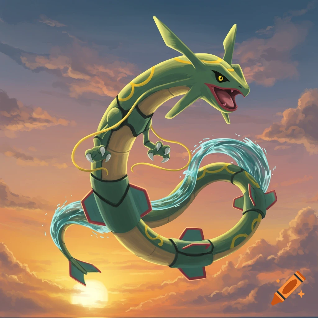 A green serpentine dragon-like creature with yellow patterns and water swirling around its body flies against a vibrant sunset sky.