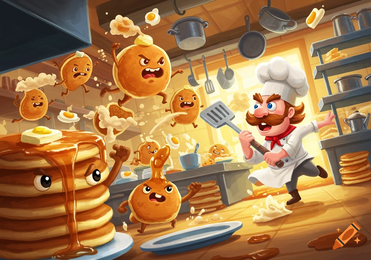 A cartoon chef with a large mustache and white uniform swings a spatula at a group of angry, anthropomorphic pancakes and eggs in a busy kitchen.