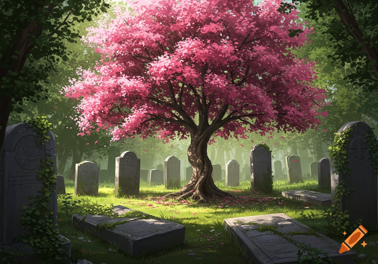A vibrant pink cherry blossom tree stands in the center of a lush green cemetery filled with old gravestones and fallen petals, in an illustrative style.