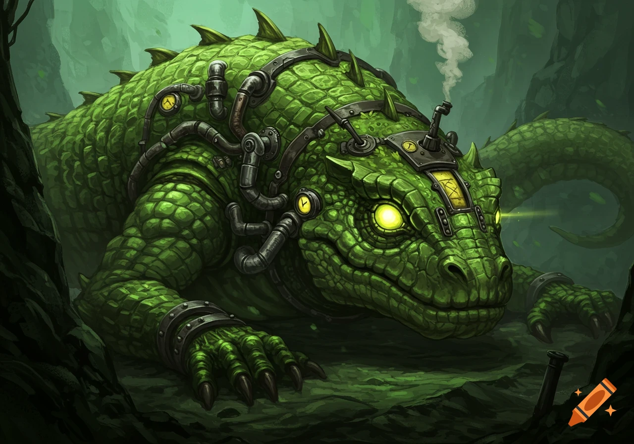 A large, green, scaly reptilian creature, possibly a dragon or dinosaur, with glowing yellow eyes, is adorned with steampunk-style pipes, gauges, and metal straps. Smoke vents from a pipe on its head. It is set in a dark, lush, green environment.
