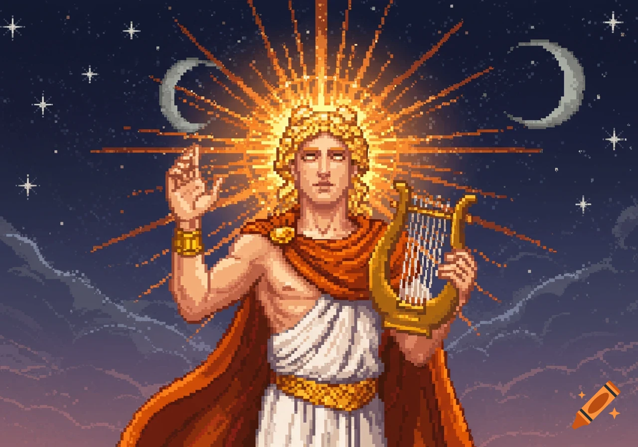 Pixel art of Apollo, a deity with golden hair, holding a lyre against a starry night sky with crescent moons.