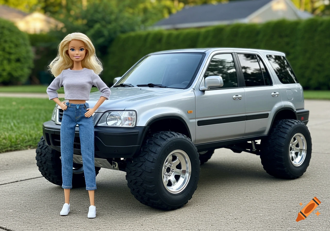 A Barbie doll in jeans and a gray top stands next to a silver, lifted Honda CRV with large tires on a paved driveway.