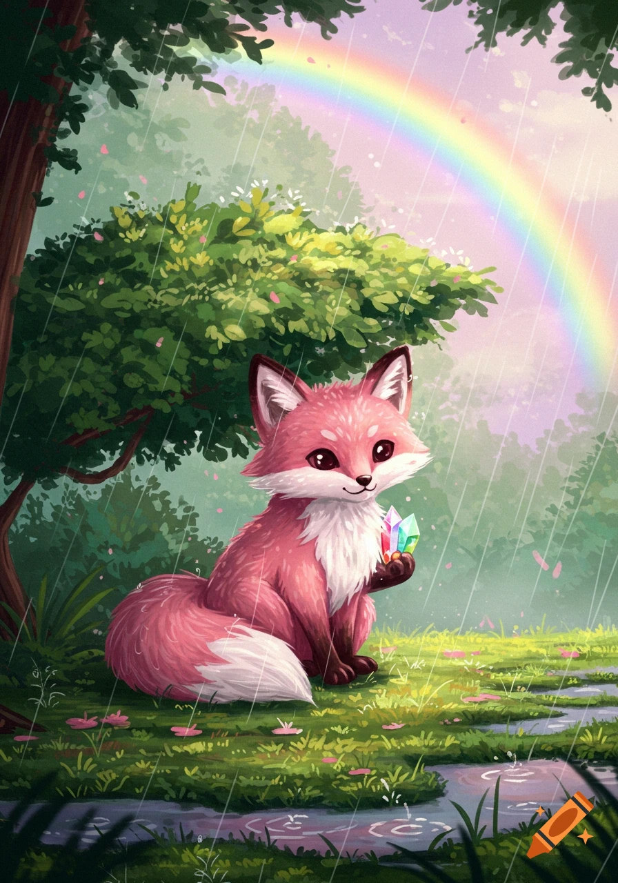 A cute pink fox sits in a rainy forest holding a rainbow crystal, with a rainbow in the background, in an illustration style.