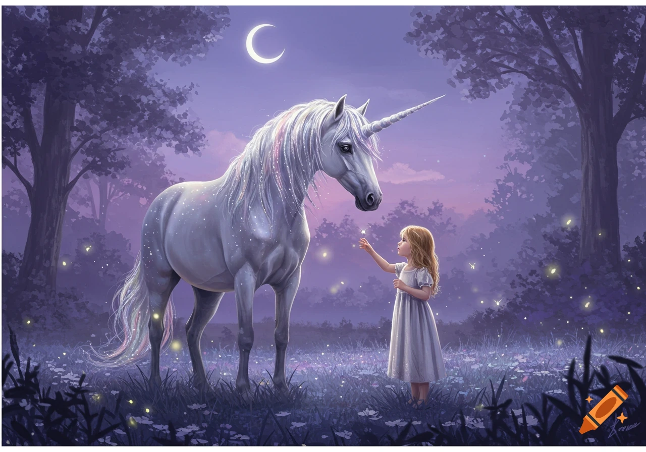 A young girl gently reaches out to touch a white unicorn in a magical, glowing forest at night under a crescent moon.