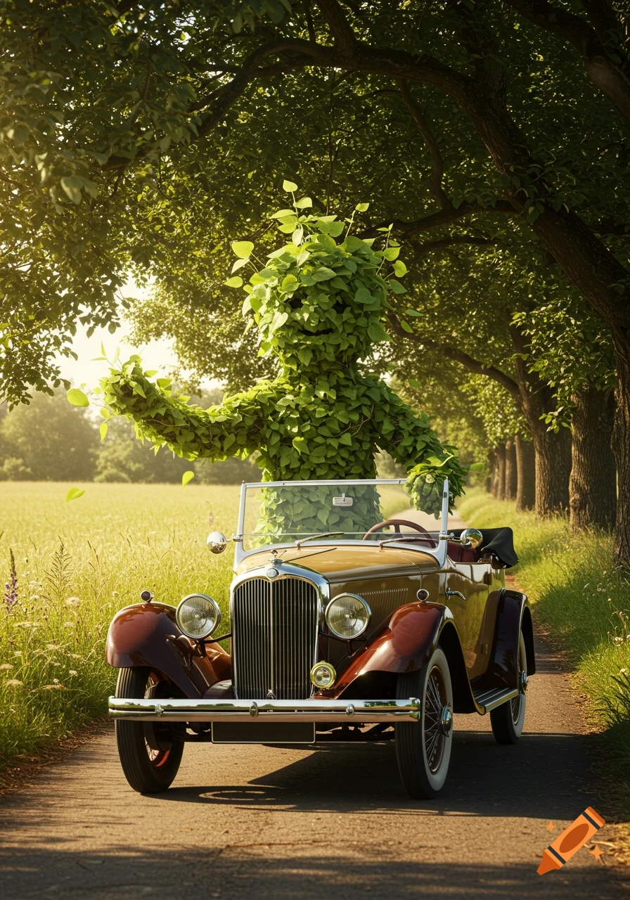 A large, leafy green creature stands behind the wheel of a vintage car on a sunny, tree-lined road.
