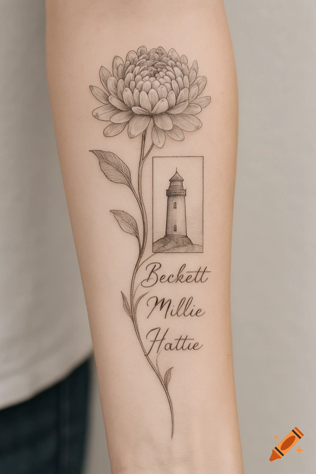 Fine line tattoo on an arm featuring a chrysanthemum, a lighthouse, and the names Beckett, Millie, and Hattie.