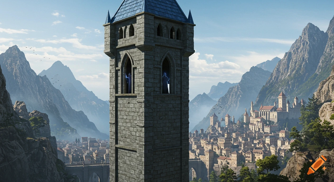 A tall grey stone tower with a blue roof overlooks a sprawling medieval city and castle nestled among misty mountains under a clear blue sky. Two silhouetted figures are visible in the tower windows.