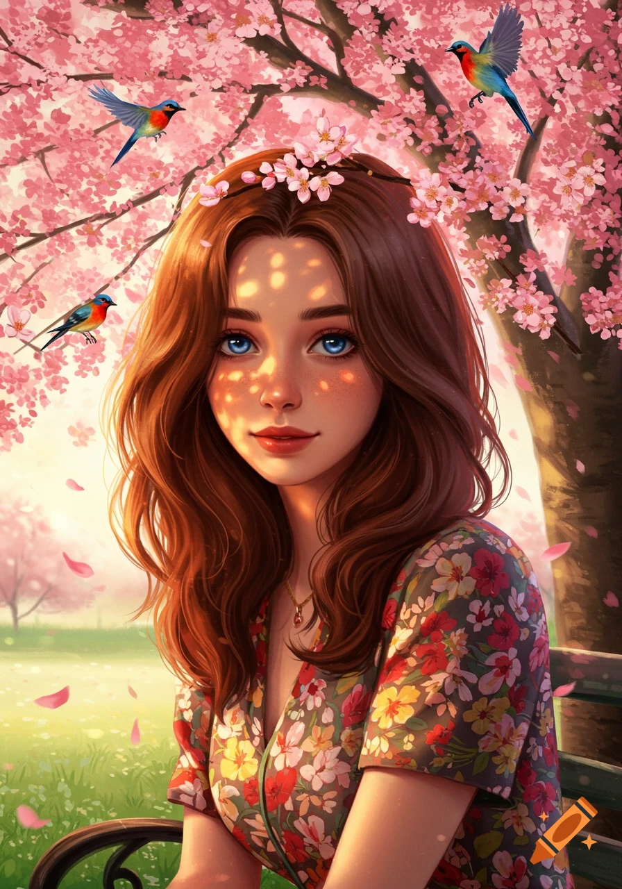 A young woman with brown hair and blue eyes wears a floral dress under a cherry blossom tree with birds, in a stylized portrait.