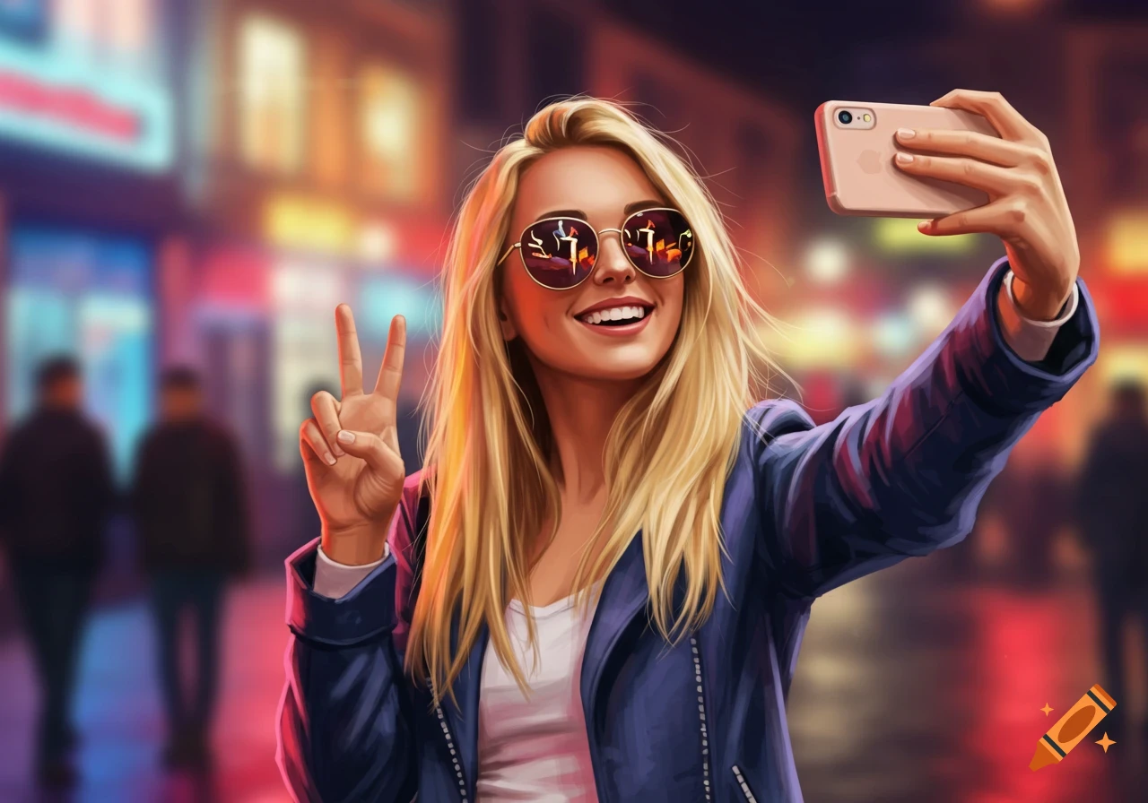 A smiling blonde woman takes a selfie in a vibrant city at night, holding up a peace sign, in a digital art style.