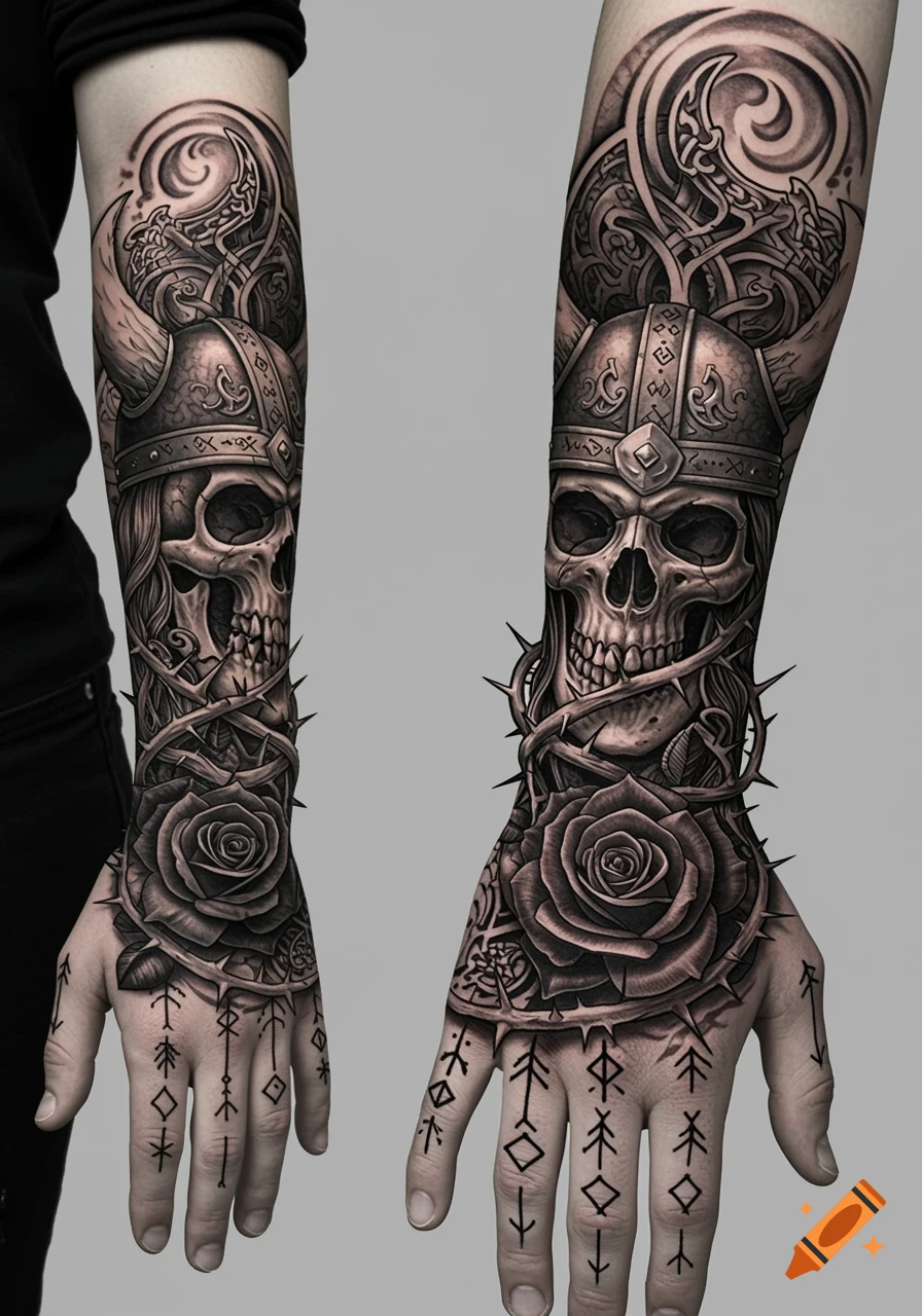 Detailed black and white tattoo design on forearms and hands featuring viking skulls, roses, thorns, and runic symbols.