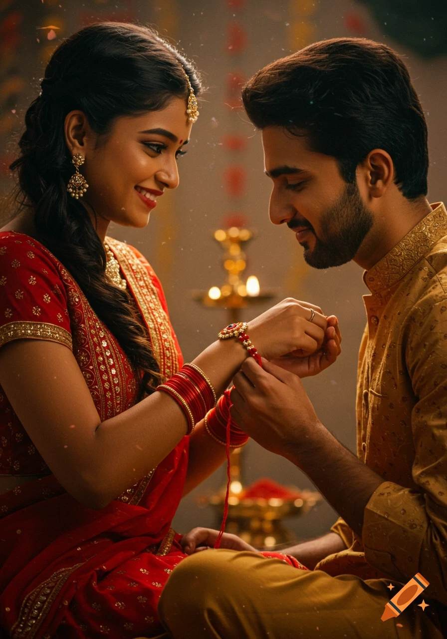 A young Indian woman in a red sari ties a Rakhi on a young man's wrist for Raksha Bandhan, both smiling affectionately.