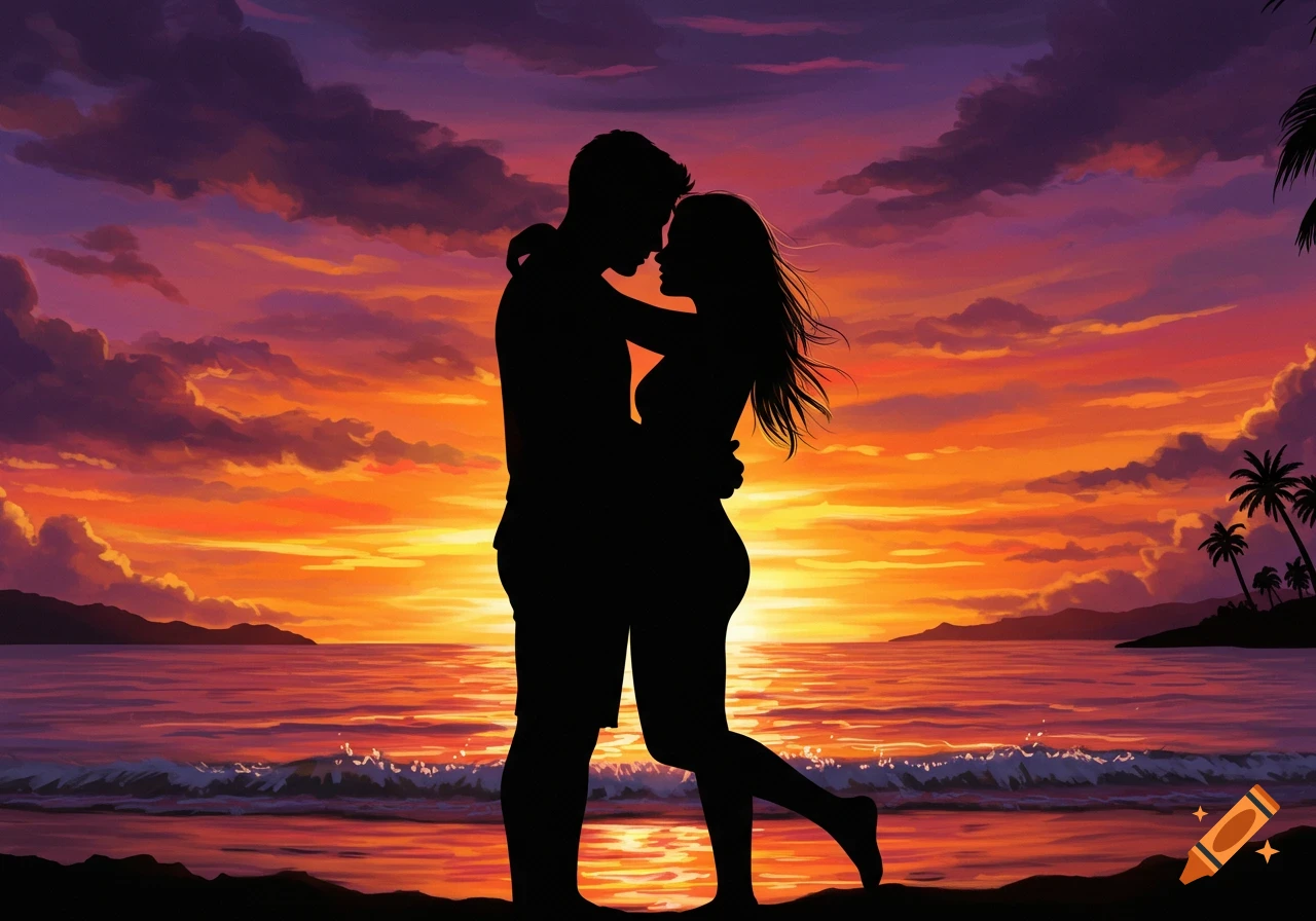 Silhouette of a man and woman hugging on a beach at sunset with vibrant orange and purple clouds.