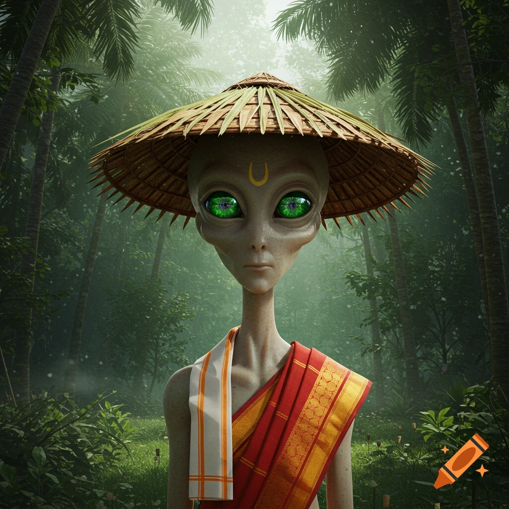 A grey alien with large green eyes, wearing a traditional straw hat and red and white South Indian attire, stands in a lush tropical jungle.