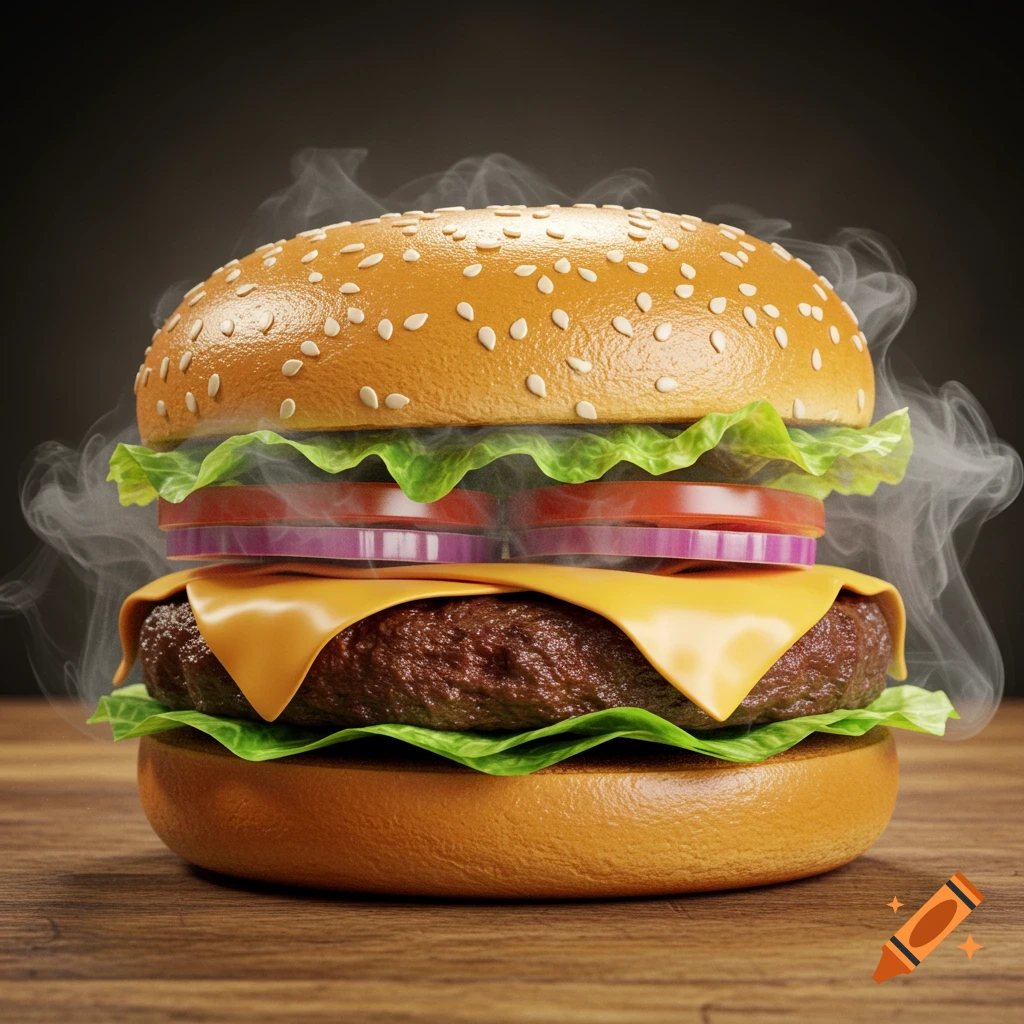 A hyper-realistic cheeseburger with melted cheese, lettuce, tomato, and onion, with wisps of smoke, on a wooden table.