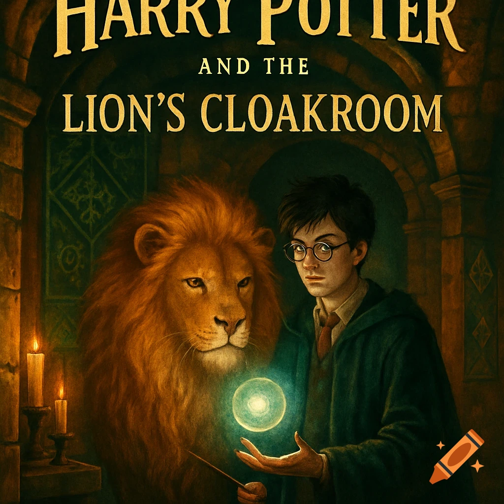 Harry Potter and a large lion stand in a dark, ancient room, with Harry holding a glowing orb. Book cover illustration.