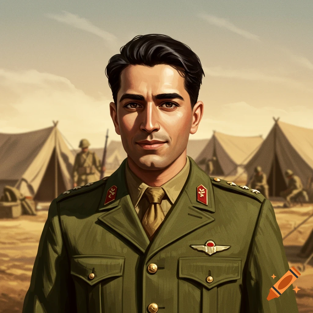 A portrait of a male soldier in a green military uniform with black hair, standing in front of military tents in a desert landscape.