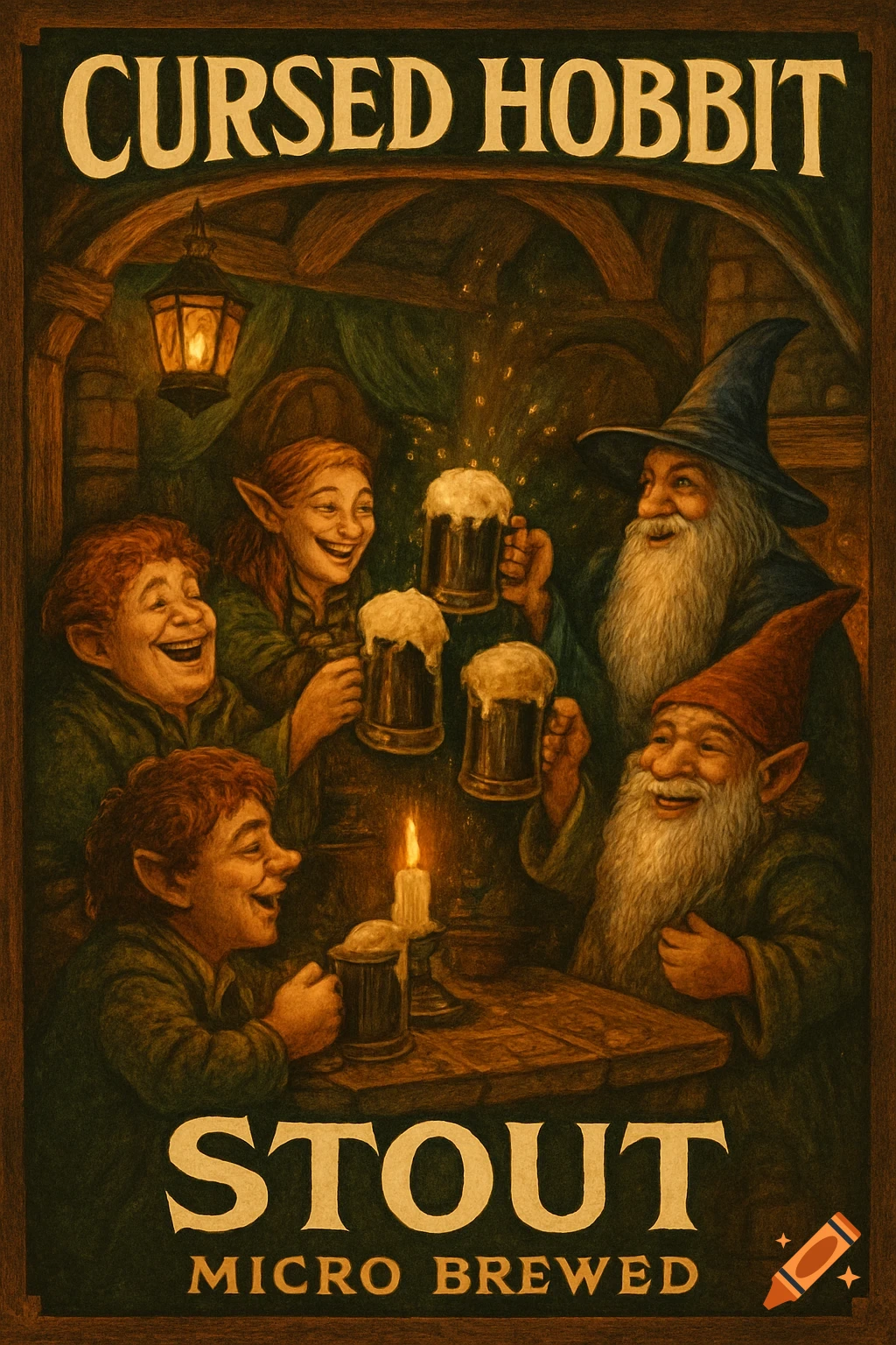 Painterly poster art of fantasy characters happily drinking stout beer in a rustic tavern. Text reads "Cursed Hobbit Stout Micro Brewed".