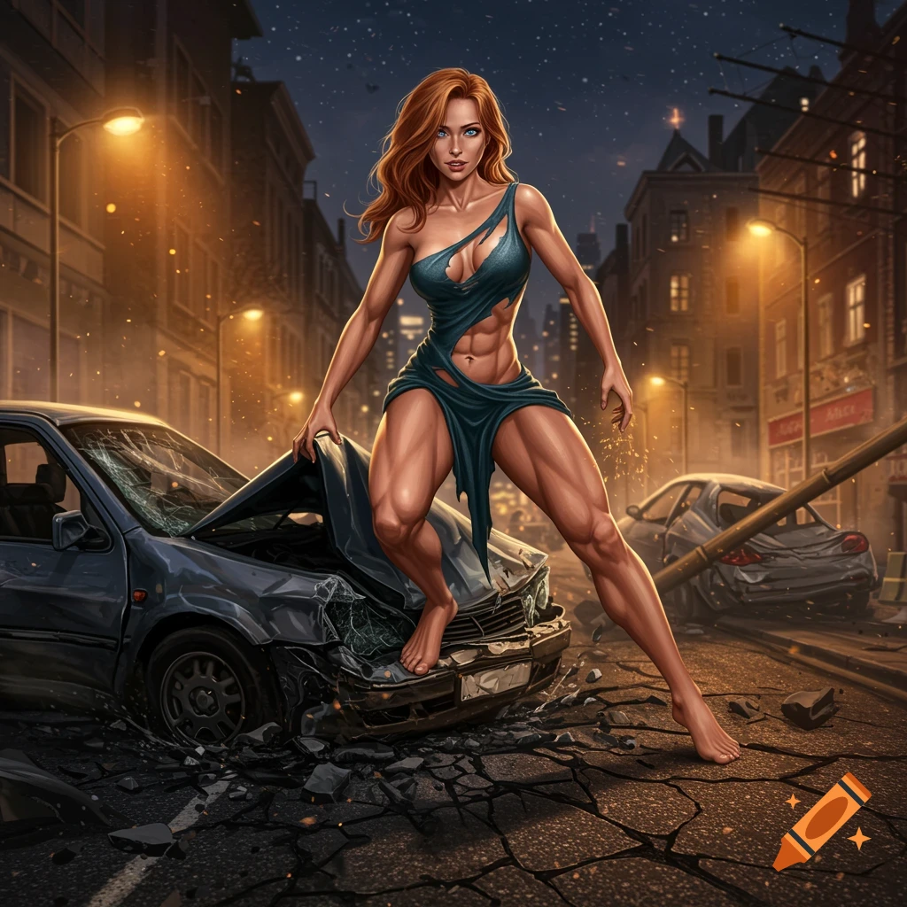 A super-strong, muscular woman with red hair in a torn dress stands barefoot on a crushed car in a destructed city street at night, digital illustration.