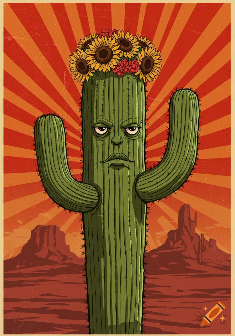 A serious-faced saguaro cactus with a flower crown stands in a desert landscape with red sun rays, in a retro cartoon propaganda poster style.