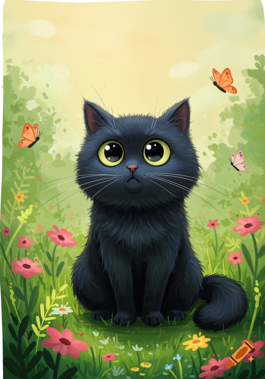 A cute cartoon black cat with large yellow eyes sits in a field of green grass and colorful flowers with butterflies.