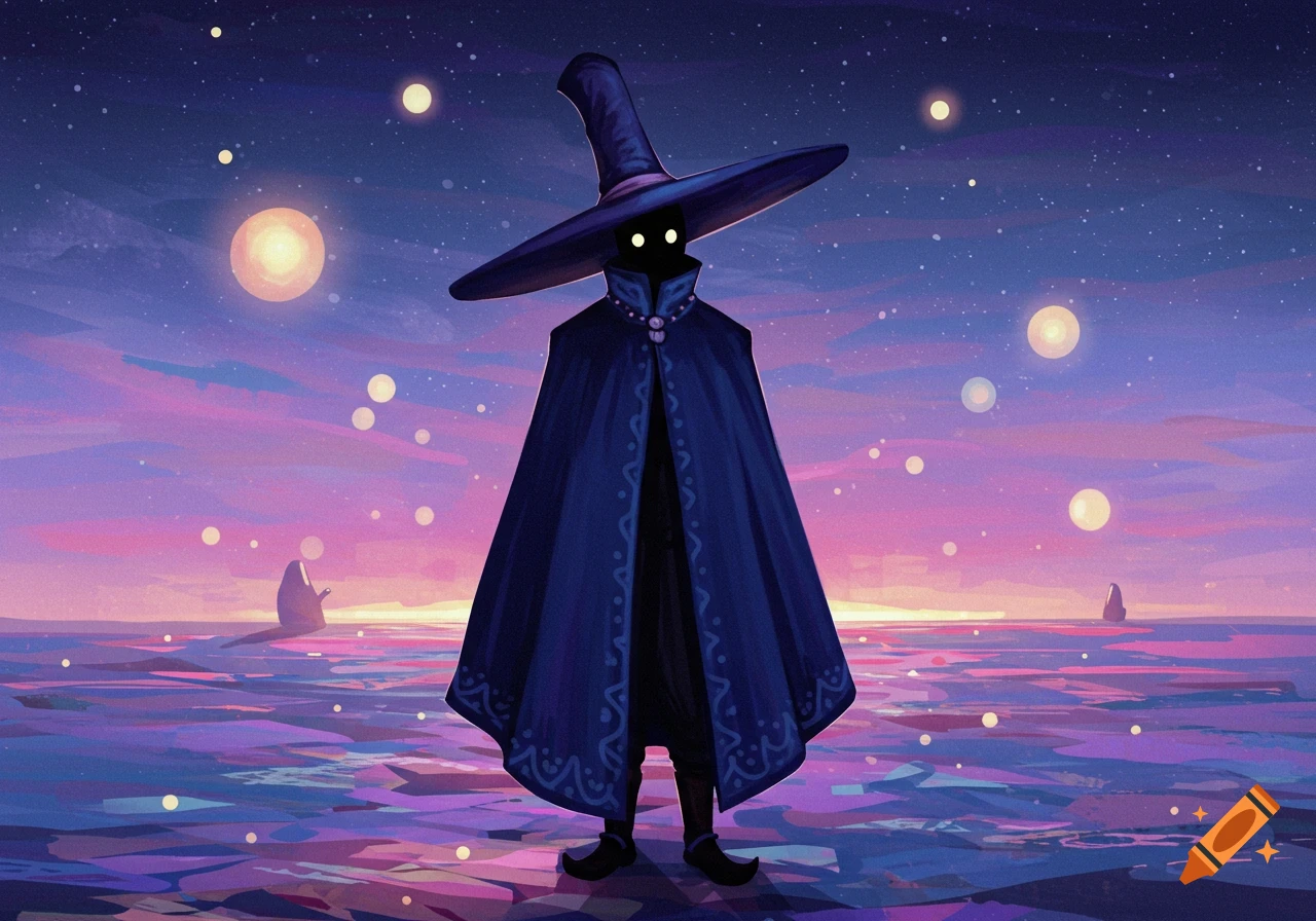A figure in a large hat and blue cape stands on a colorful alien landscape under a starry sky with glowing orbs. Digital art.