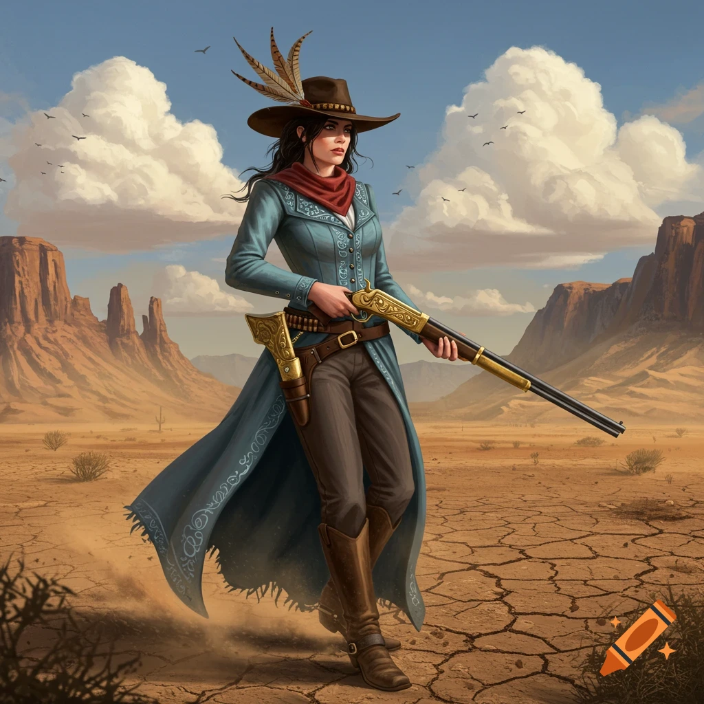 A noble woman in a blue duster coat and cowboy hat holds a gold rifle in a vast desert landscape.