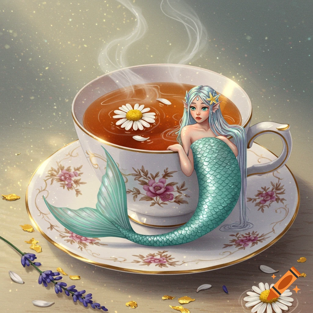 Whimsical illustration of a tiny mermaid with light blue hair sitting in a floral teacup, surrounded by tea and daisies.