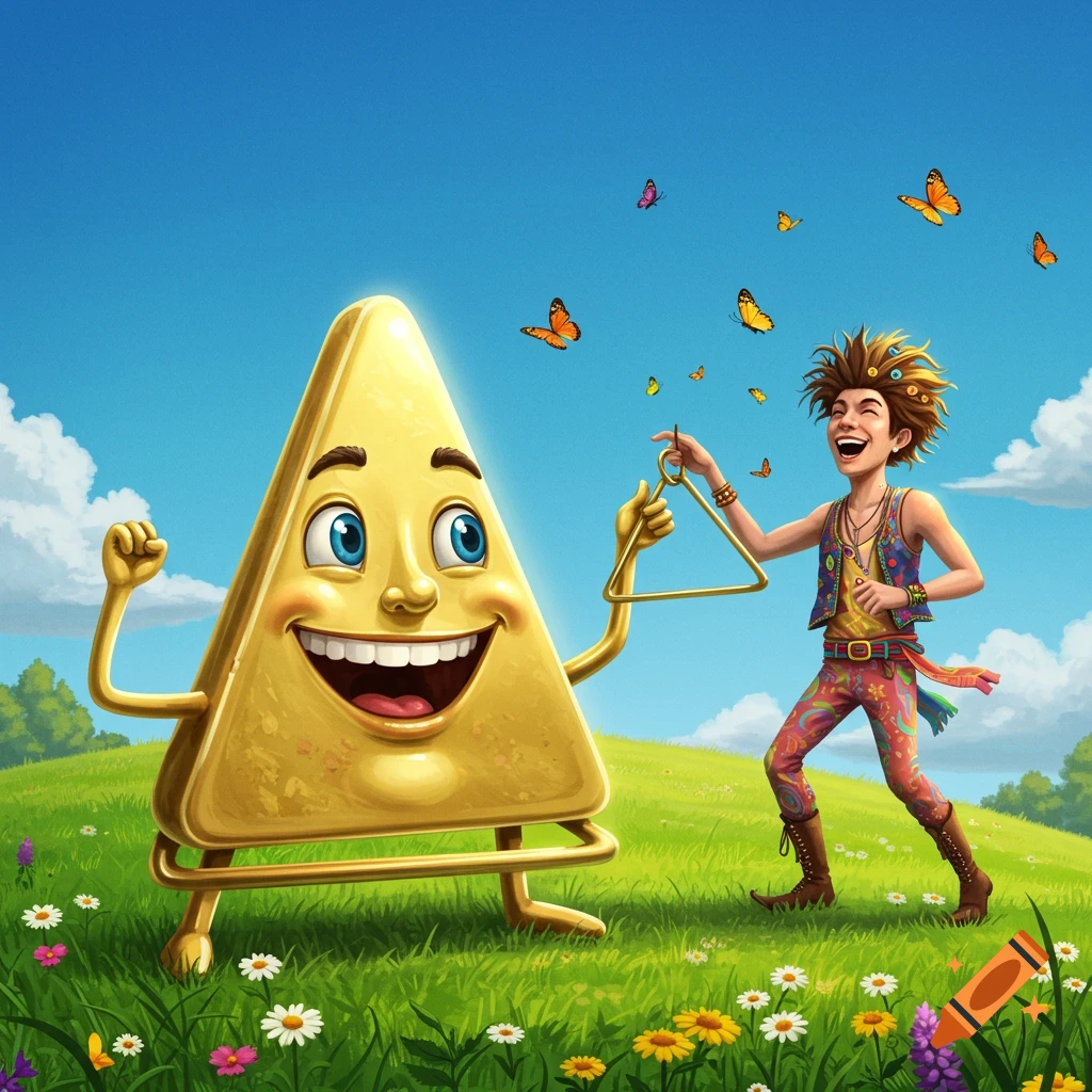 A vibrant illustration of a golden, smiling triangle character and a person playing a musical triangle in a grassy field with butterflies.