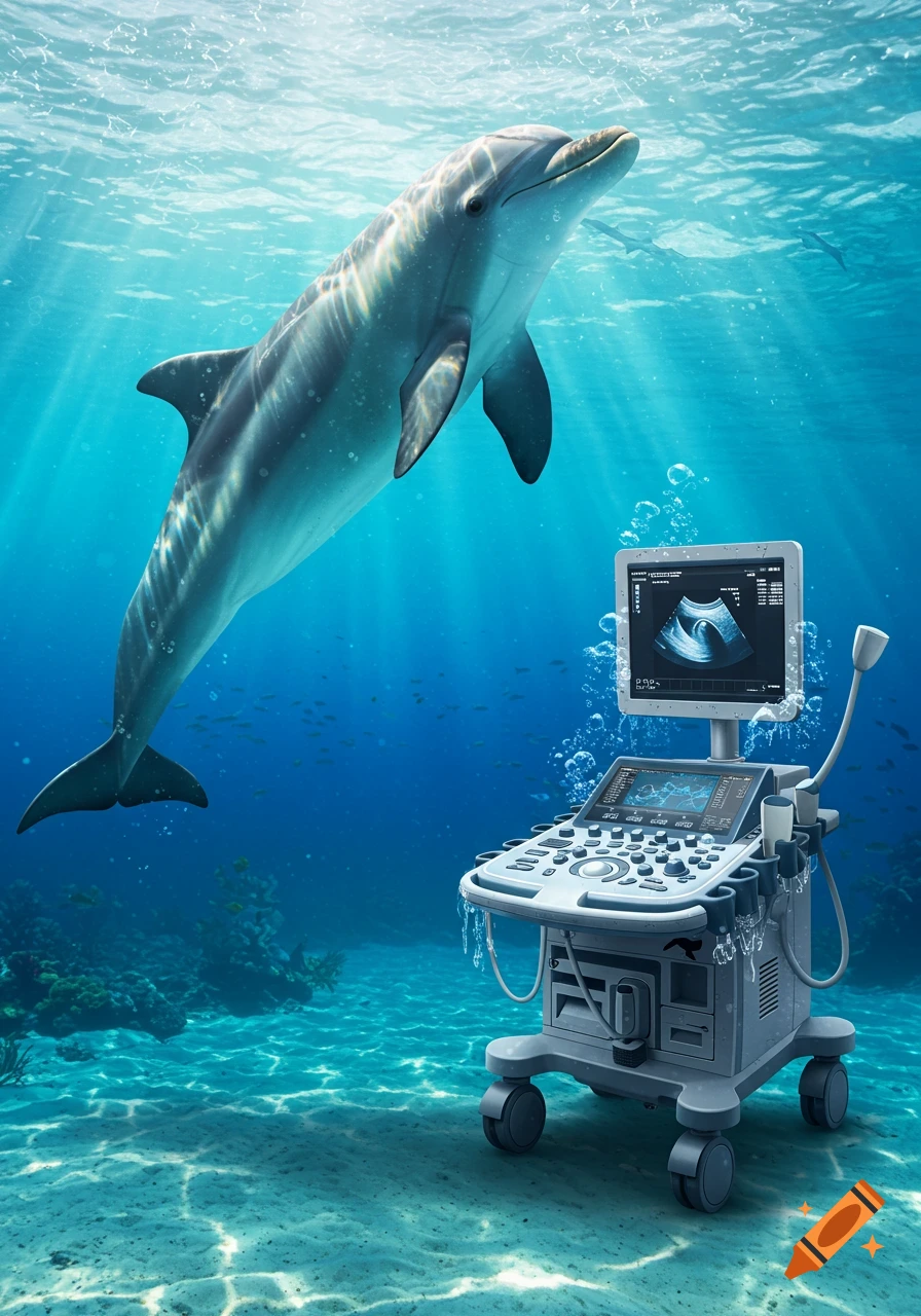 A photorealistic dolphin swims gracefully above an ultrasound machine on the sandy ocean floor, with sunlight filtering through the water.