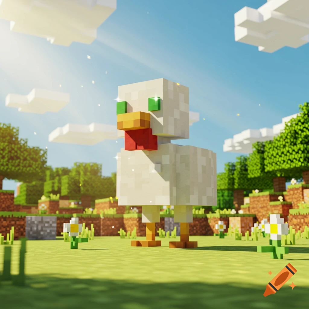 A blocky white chicken with green eyes stands in a vibrant Minecraft-style field under a sunny sky.