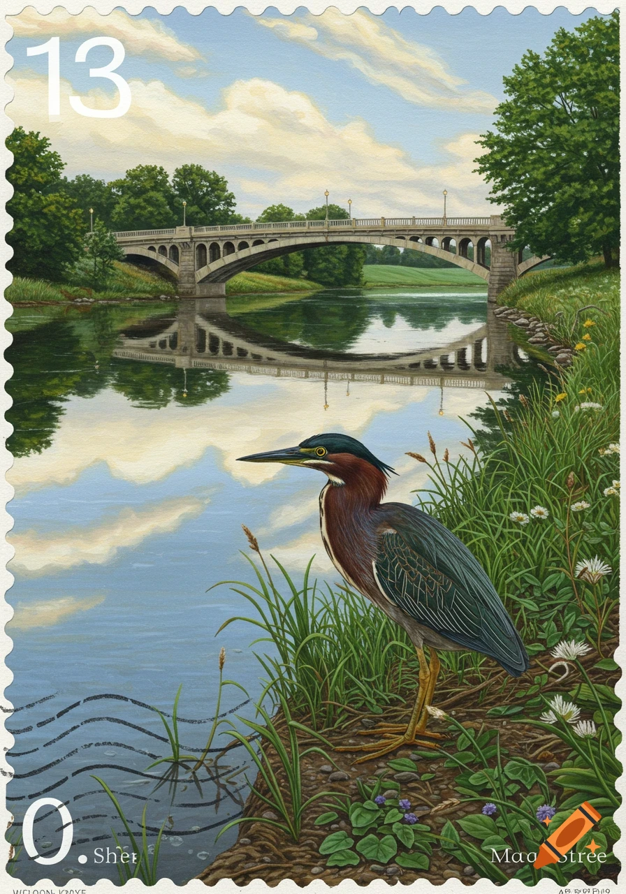 A painted green heron stands on a riverbank with a stone bridge in the background, depicted as a postage stamp.
