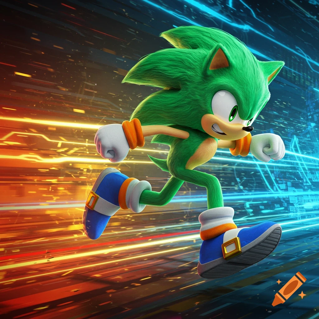 A green Sonic the Hedgehog character with orange gloves and blue shoes runs at high speed, surrounded by orange and blue glowing streaks.