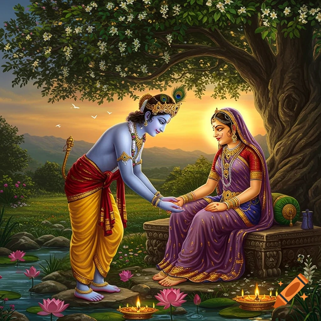Lord Krishna bows before Goddess Radha, holding her hands by a river with lotus flowers under a blossoming tree at sunset.