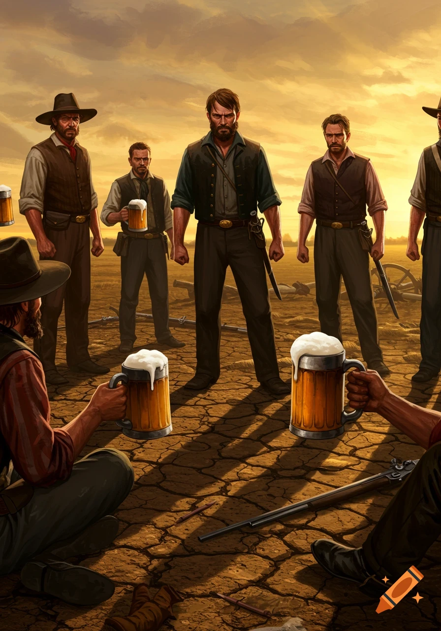 Illustrated scene of men in western attire, some standing, some seated, holding frothy beer mugs on dry, cracked ground at sunset.