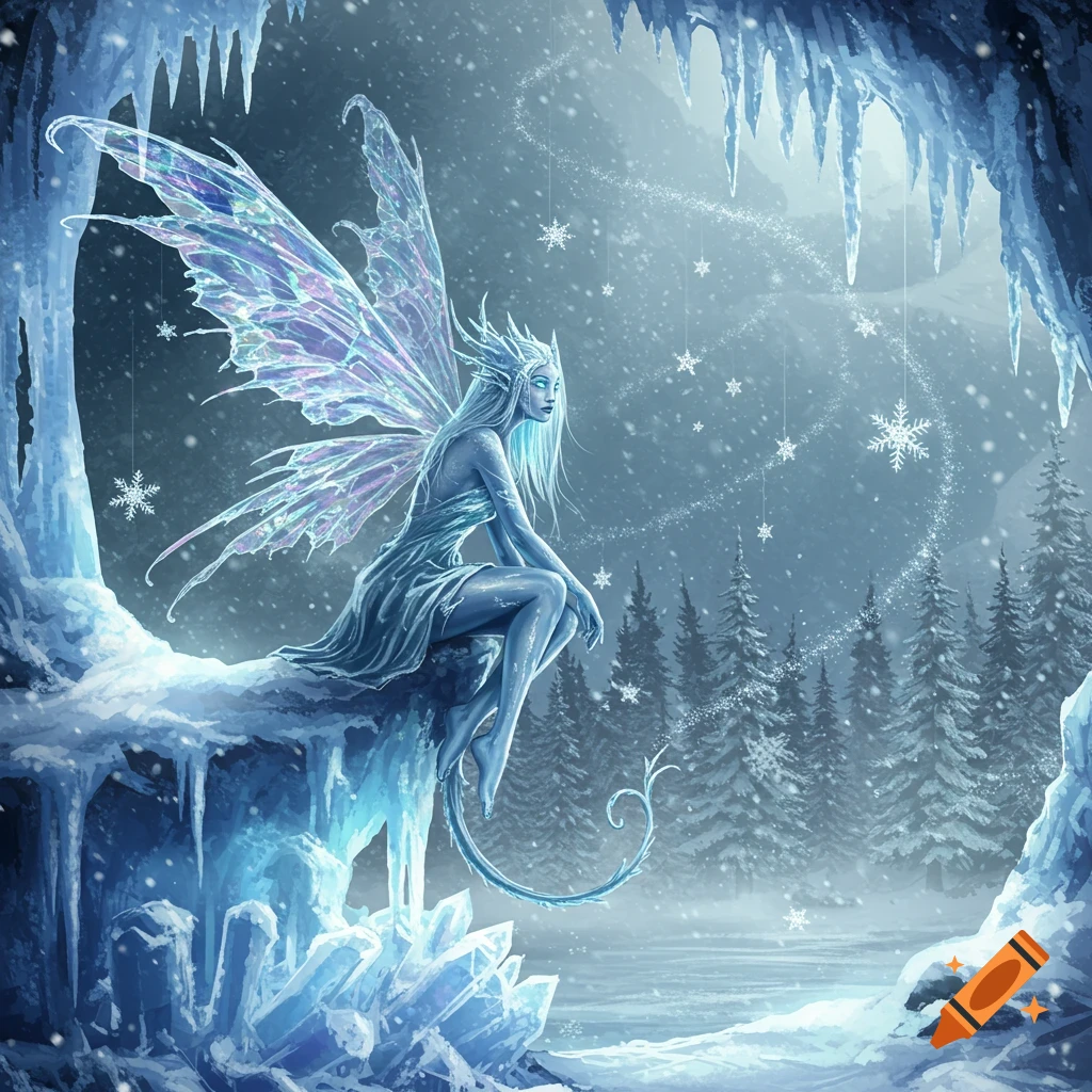 A blue-skinned ice fairy with translucent wings sits on a frozen ledge in an ice cave, with snow falling and pine trees in the background.