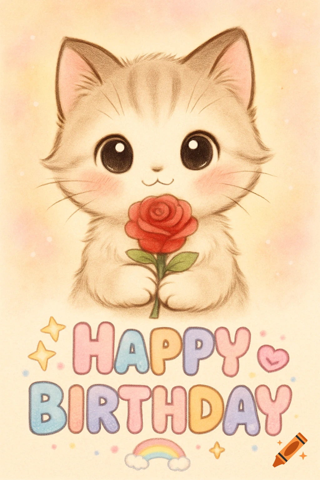 Cute cartoon cat with large eyes holding a red rose, with "HAPPY BIRTHDAY" text below and a small rainbow, in a pastel, crayon-drawn style.